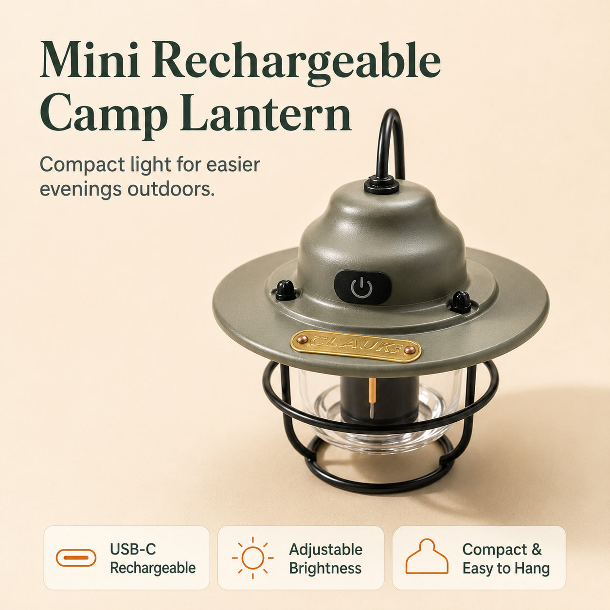 A compact rechargeable camp lantern in a muted olive-gray finish with a black wire cage and clear glass bowl, shown on a warm beige background with promotional text and feature icons.