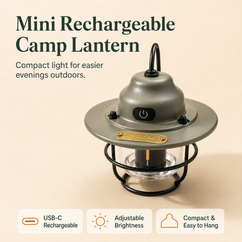 A compact rechargeable camp lantern in a muted olive-gray finish with a black wire cage and clear glass bowl, shown on a warm beige background with promotional text and feature icons.