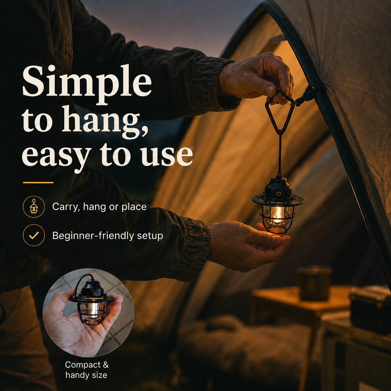 A person hanging a compact lantern from a tent door at dusk, with marketing text reading 'Simple to hang, easy to use' and feature callouts about carry/hang/place and beginner-friendly setup.