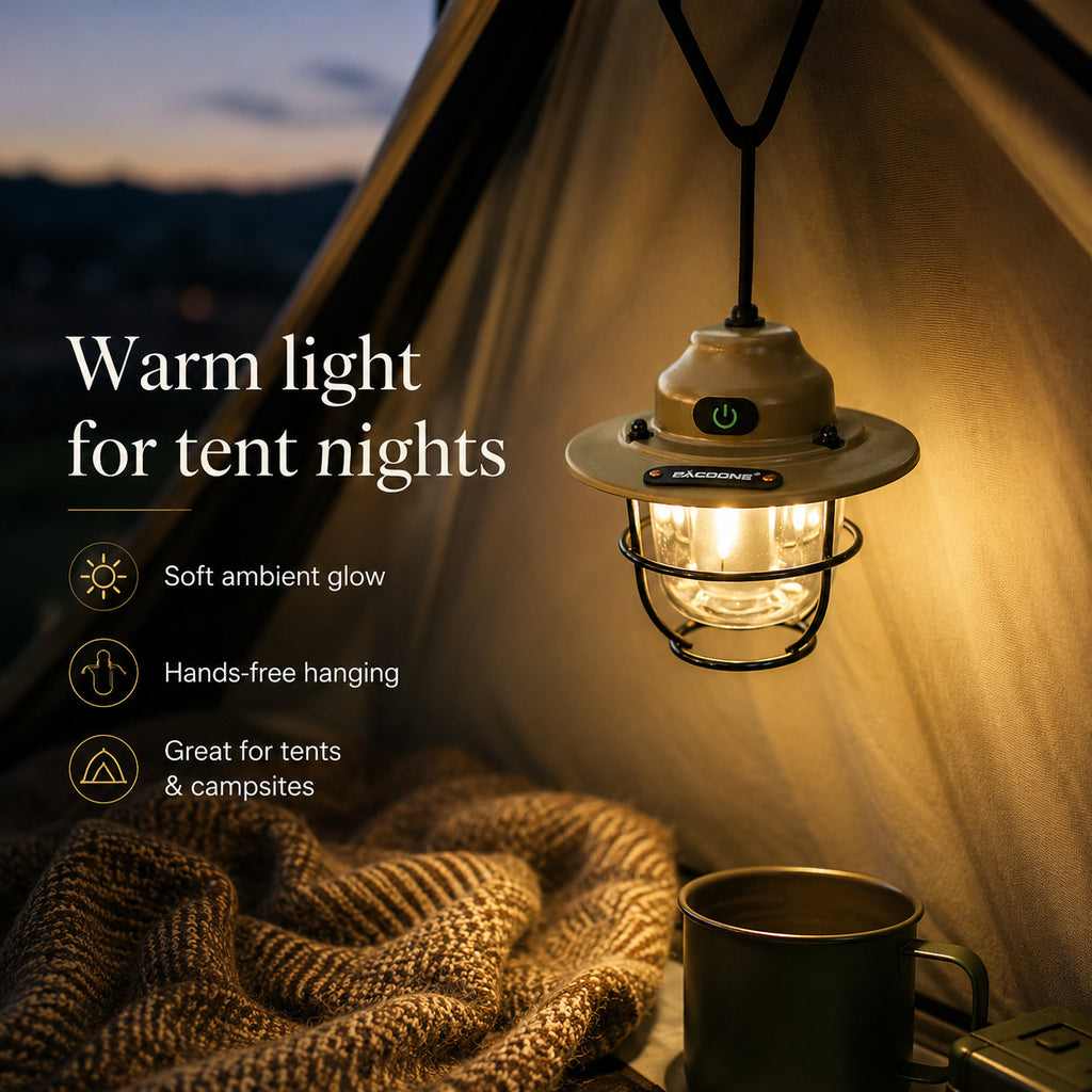 A hanging camping lantern with a warm glowing light inside a tent, with text reading 'Warm light for tent nights' and a mug in the foreground. The lantern appears to be the product being promoted.