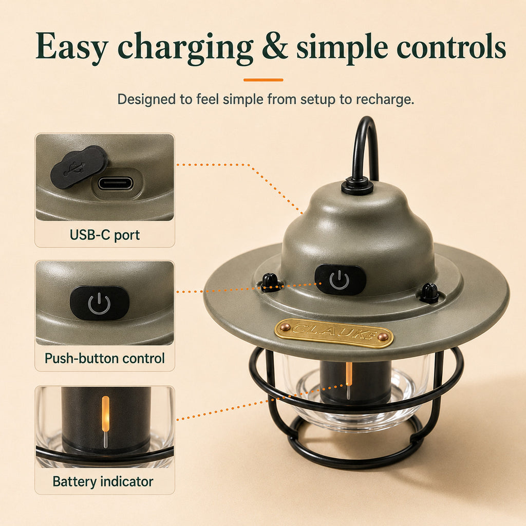 A lantern-style portable charger shown on a warm beige background with marketing text and three inset detail callouts labeled USB-C port, push-button control, and battery indicator.