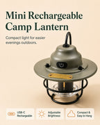 A mini rechargeable camp lantern with a matte gray-green metal body, black wire cage, and clear glass shade, shown on a warm beige background with product text and feature icons.